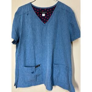 Koi Basics Women’s Scrub Top XL Blue Chambray V-Neck Pockets – Great Condition